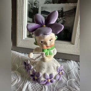 Napco February Birthday Purple Violet Flower Girl 1956 IC1931